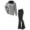 Women Outfit Colorblock Cold Shoulder Knitted Top and Plant Print Leggings Set - Gris S | US 4