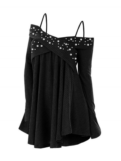 Pull uni à fausses perles et épaules dénudées, haut long croisé