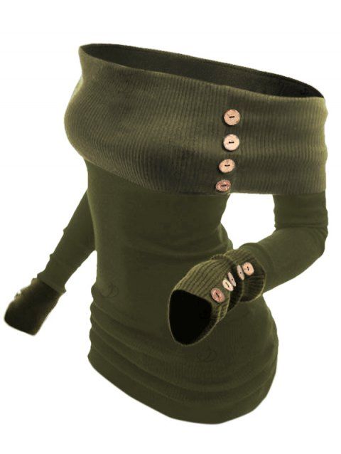 Pull à épaules dénudées, boutonnage faux, couleur unie, manches longues