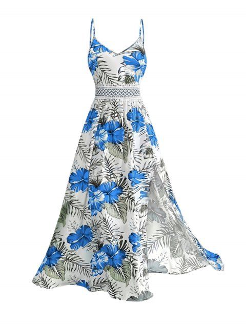 Robe longue de vacances à motif floral et feuilles, panneau en dentelle géométrique, ajourée, bretelles spaghetti, ligne A