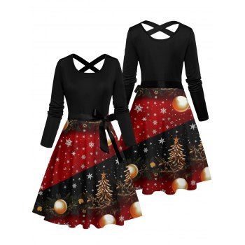 Holiday Dress Colorblock Christmas Tree Snowflake Print Crossover Belt Dress