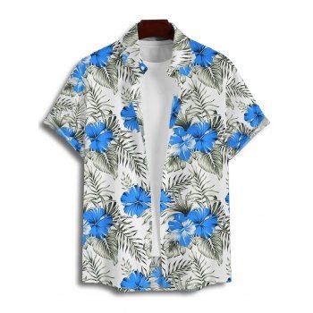 Men's Allover Leaf Hibiscus Flowers Pattern Vacation Shirt Button Up Roll Up Short Sleeve Casual Shirt