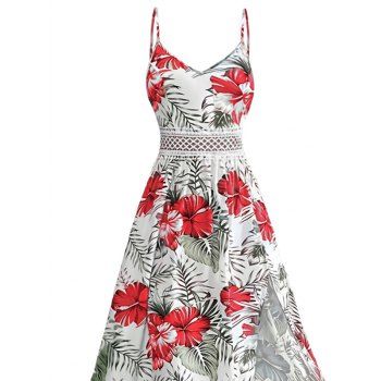 Floral Leaf Pattern Geometric Lace Panel Hollow Out Dress Spaghetti Strap A Line Long Vacation Dress