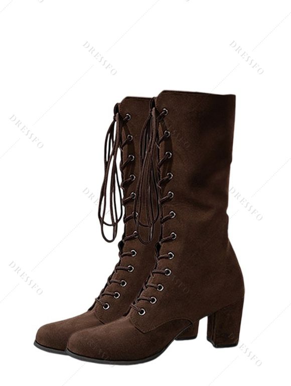 Solid Color Chunky Heel Lace Up Mid Calf Boots - Brun EU 42