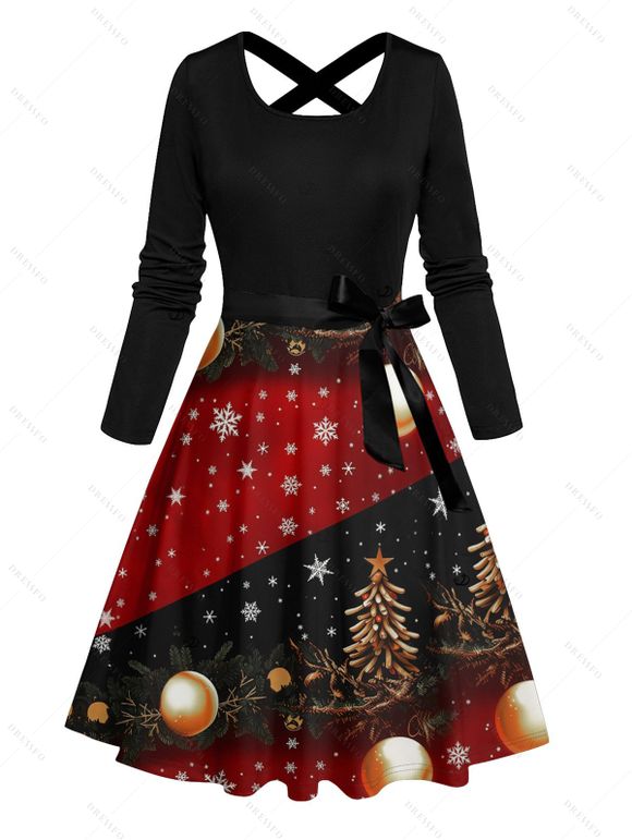 Robe de vacances à imprimé sapin de Noël et flocons de neige, à blocs de couleurs, avec ceinture croisée - Noir XXXXXL | US 20