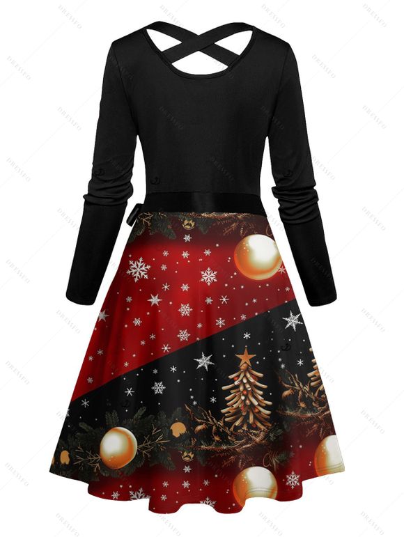 Robe de vacances à imprimé sapin de Noël et flocons de neige, à blocs de couleurs, avec ceinture croisée - Noir S | US 4