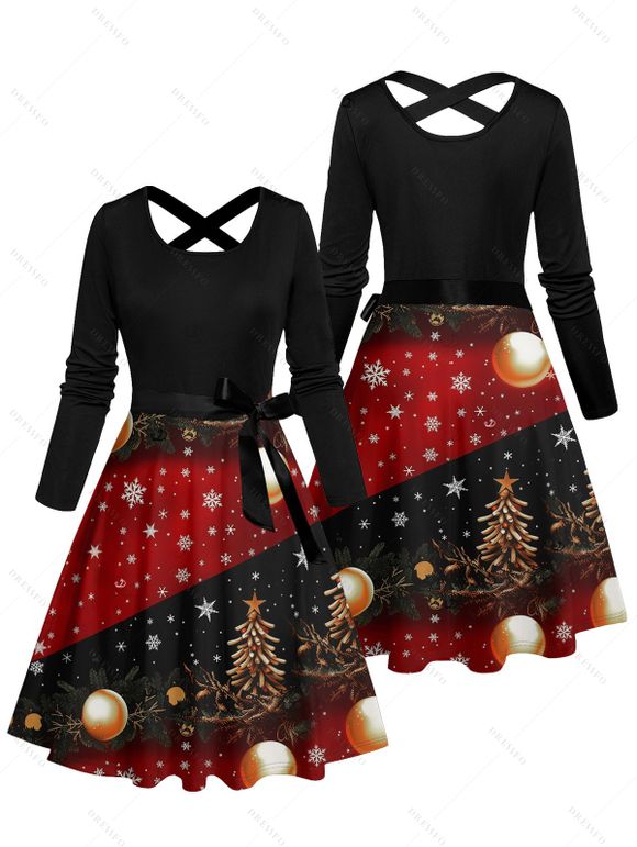 Robe de vacances à imprimé sapin de Noël et flocons de neige, à blocs de couleurs, avec ceinture croisée - Noir S | US 4