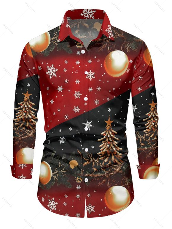 Chemise de vacances pour homme à manches longues avec imprimé sapin de Noël et flocons de neige - Rouge 5XL