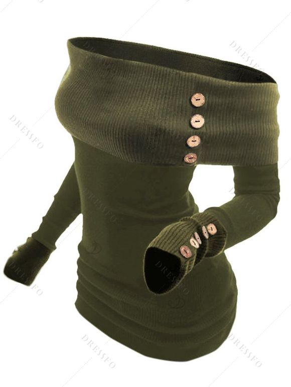Pull à épaules dénudées, boutonnage faux, couleur unie, manches longues - Vert Armée XXL