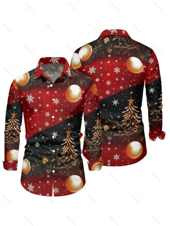 Chemise de vacances pour homme à manches longues avec imprimé sapin de Noël et flocons de neige - Rouge 5XL