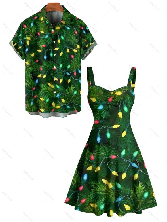 Holiday Couple Outfit Christmas Tree Elements Print Dress and Shirt Set - PLANT GREEN S | US 4