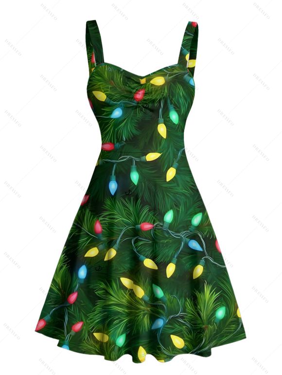 Holiday Couple Outfit Christmas Tree Elements Print Dress and Shirt Set - PLANT GREEN S | US 4
