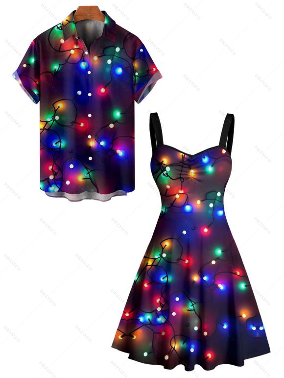 Christmas Couple Outfit Snowflake Colored Printed Dress and Shirt Set - Noir S | US 4