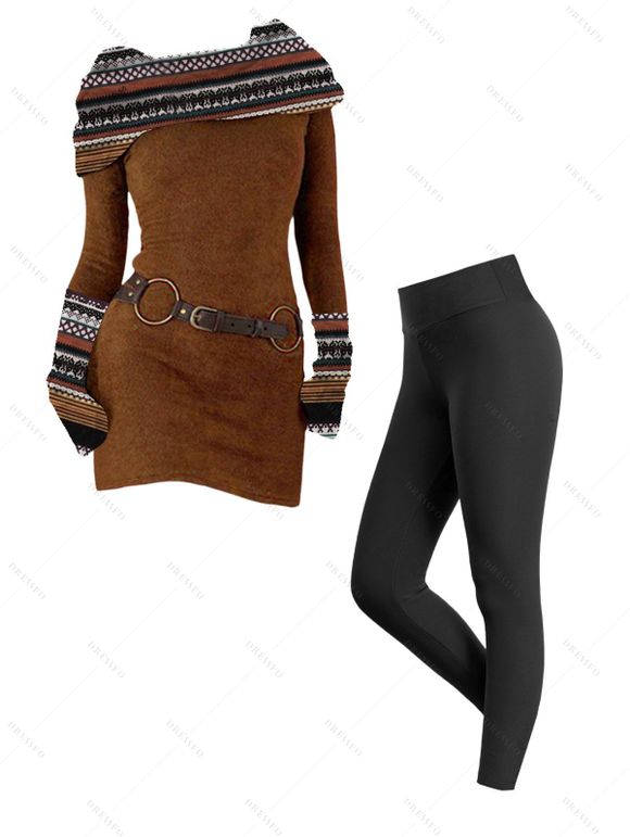 Women Outfit Ethnic Print O Ring Knitted Dress and Fleece-Lined Leggings Set - café S | US 4