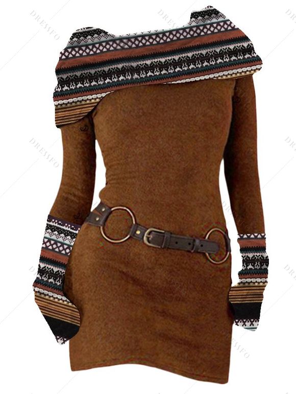 Women Outfit Ethnic Print O Ring Knitted Dress and Fleece-Lined Leggings Set - café S | US 4