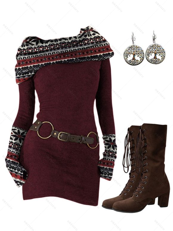 Women Outfit Ethnic Print Skew Neck O Ring Knitted Dress and Earrings Boots Set - Rouge Vineux S | US 4