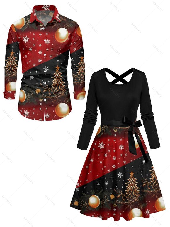Holiday Couple Outfit Snowflake Christmas Tree Print Belt Dress and Shirt Set - Noir S | US 4