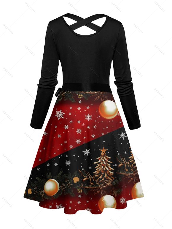 Holiday Couple Outfit Snowflake Christmas Tree Print Belt Dress and Shirt Set - Noir S | US 4
