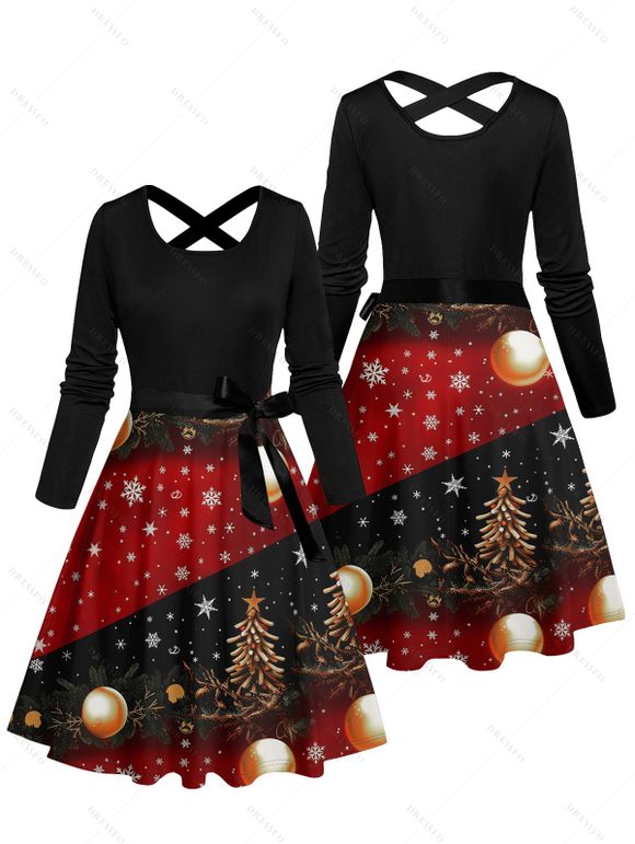 Holiday Couple Outfit Snowflake Christmas Tree Print Belt Dress and Shirt Set - Noir S | US 4