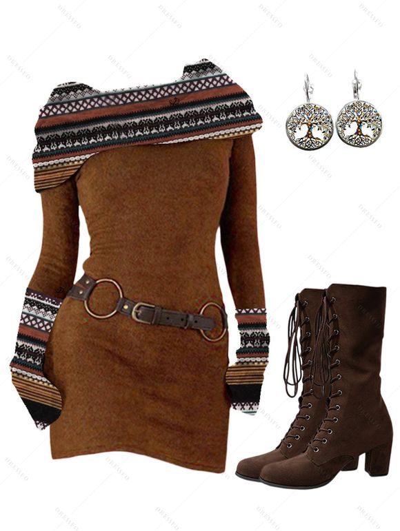 Women Outfit Ethnic Print Skew Neck O Ring Knitted Dress and Earrings Boots Set - café S | US 4
