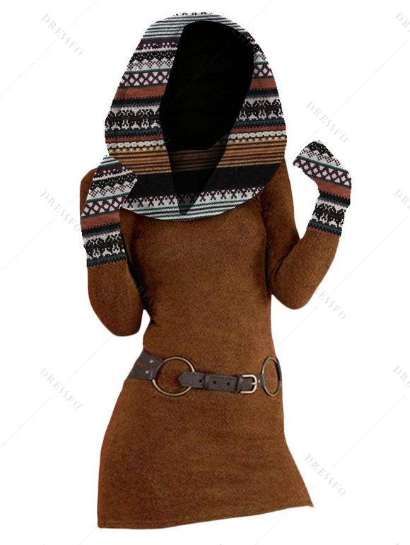 Women Outfit Ethnic Print Skew Neck O Ring Knitted Dress and Earrings Boots Set - café S | US 4
