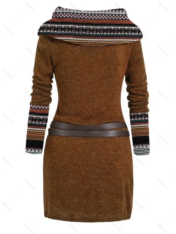 Women Outfit Ethnic Print Skew Neck O Ring Knitted Dress and Earrings Boots Set - café S | US 4