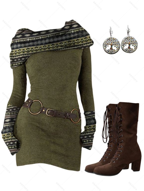 Women Outfit Ethnic Print Skew Neck O Ring Knitted Dress and Earrings Boots Set - Vert Armée S | US 4