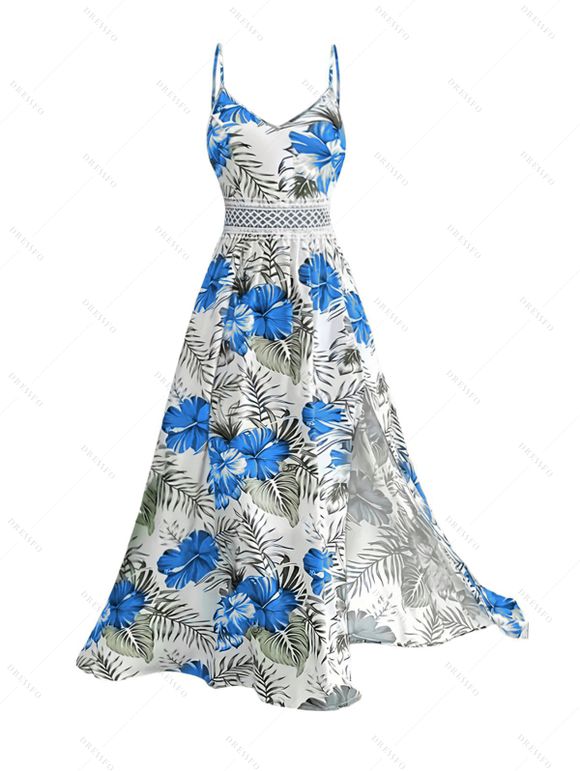Robe longue de vacances à motif floral et feuilles, panneau en dentelle géométrique, ajourée, bretelles spaghetti, ligne A - Bleu XL | US 12