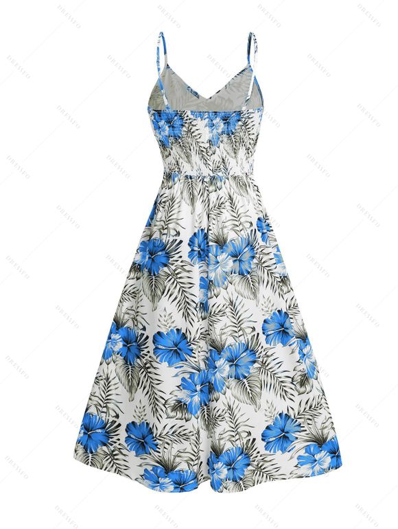 Robe longue de vacances à motif floral et feuilles, panneau en dentelle géométrique, ajourée, bretelles spaghetti, ligne A - Bleu XXL | US 14