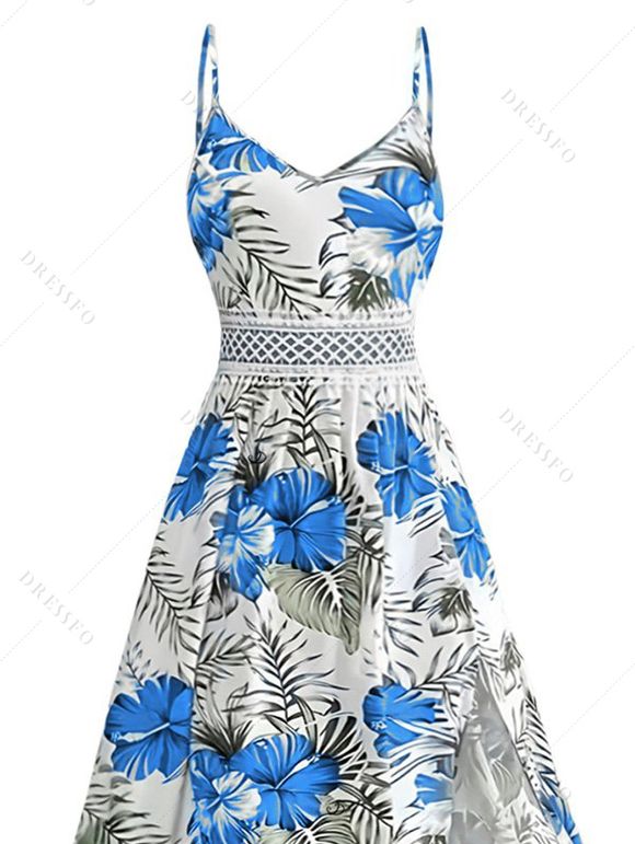 Robe longue de vacances à motif floral et feuilles, panneau en dentelle géométrique, ajourée, bretelles spaghetti, ligne A - Bleu XXL | US 14
