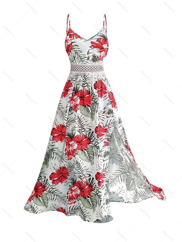 Robe longue de vacances à motif floral et feuilles, panneau en dentelle géométrique, ajourée, bretelles spaghetti, ligne A - Rouge S | US 4