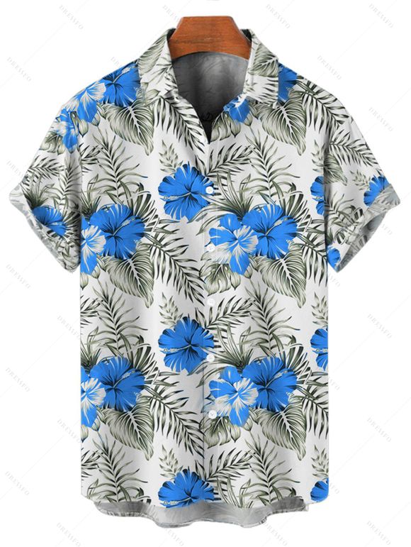 Chemise de vacances pour homme à motif de fleurs d'hibiscus, boutonnée et retroussée, à manches courtes, décontractée - Bleu 3XL
