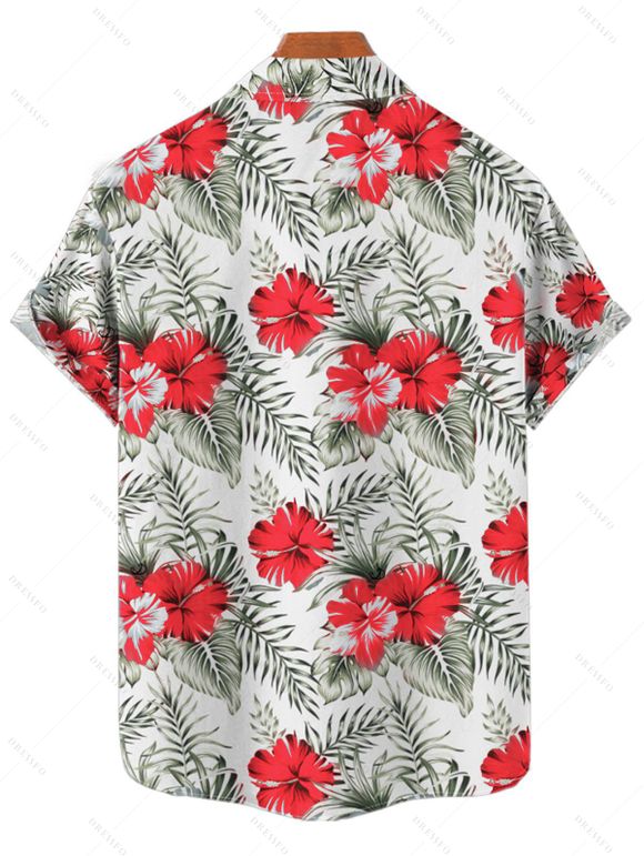 Chemise de vacances pour homme à motif de fleurs d'hibiscus, boutonnée et retroussée, à manches courtes, décontractée - Rouge S