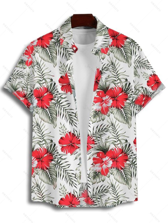 Chemise de vacances pour homme à motif de fleurs d'hibiscus, boutonnée et retroussée, à manches courtes, décontractée - Rouge S