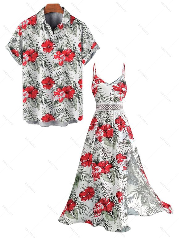 Vacation Couple Outfit Hibiscus Floral Leaf Pattern Geometric Lace Panel Hollow Out Long Dress and Button Up Shirt Casual Matching Outfit - Rouge S | US 4