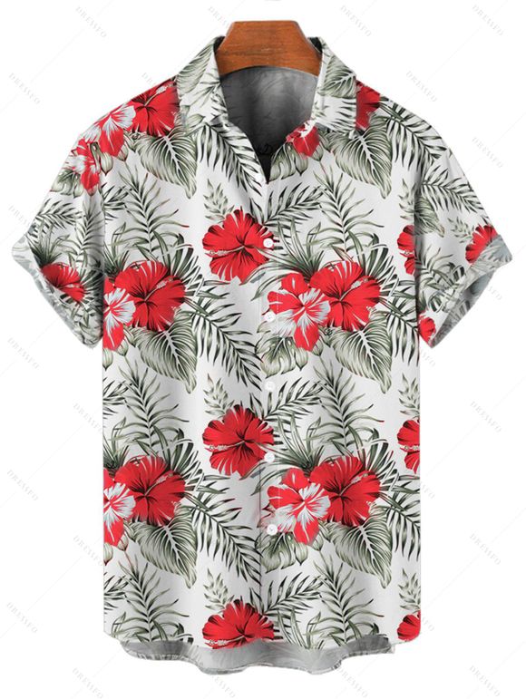 Vacation Couple Outfit Hibiscus Floral Leaf Pattern Geometric Lace Panel Hollow Out Long Dress and Button Up Shirt Casual Matching Outfit - Rouge S | US 4