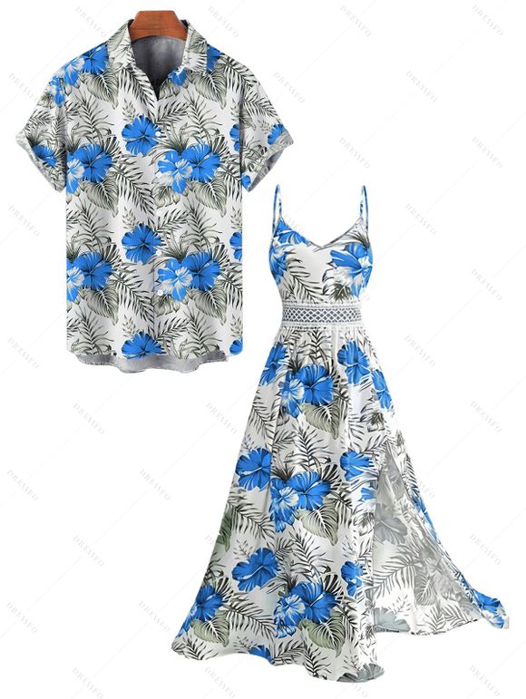 Vacation Couple Outfit Hibiscus Floral Leaf Pattern Geometric Lace Panel Hollow Out Long Dress and Button Up Shirt Casual Matching Outfit - Bleu S | US 4
