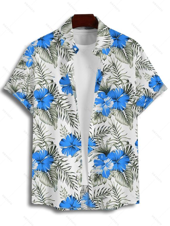 Vacation Couple Outfit Hibiscus Floral Leaf Pattern Geometric Lace Panel Hollow Out Long Dress and Button Up Shirt Casual Matching Outfit - Bleu S | US 4