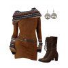 Women Outfit Ethnic Print Skew Neck O Ring Knitted Dress and Earrings Boots Set - café S | US 4
