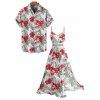 Vacation Couple Outfit Hibiscus Floral Leaf Pattern Geometric Lace Panel Hollow Out Long Dress and Button Up Shirt Casual Matching Outfit - Rouge S | US 4