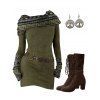 Women Outfit Ethnic Print Skew Neck O Ring Knitted Dress and Earrings Boots Set - Vert Armée S | US 4