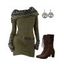 Women Outfit Ethnic Print Skew Neck O Ring Knitted Dress and Earrings Boots Set - Rouge Vineux S | US 4