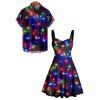 Christmas Couple Outfit Snowflake Colored Printed Dress and Shirt Set - Noir S | US 4