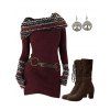 Women Outfit Ethnic Print Skew Neck O Ring Knitted Dress and Earrings Boots Set - Rouge Vineux S | US 4