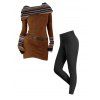 Women Outfit Ethnic Print O Ring Knitted Dress and Fleece-Lined Leggings Set - café S | US 4