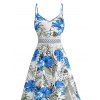 Robe longue de vacances à motif floral et feuilles, panneau en dentelle géométrique, ajourée, bretelles spaghetti, ligne A - Bleu XL | US 12