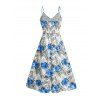 Robe longue de vacances à motif floral et feuilles, panneau en dentelle géométrique, ajourée, bretelles spaghetti, ligne A - Bleu XL | US 12