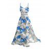 Robe longue de vacances à motif floral et feuilles, panneau en dentelle géométrique, ajourée, bretelles spaghetti, ligne A - Bleu XL | US 12