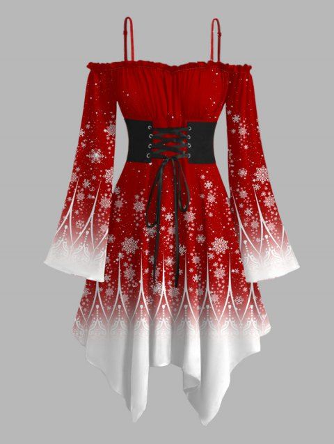 Robe de Noël à imprimé flocon de neige ombré, volants, lacets, ceinture, mouchoir