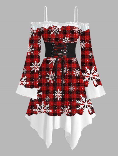 Robe de Noël à carreaux, imprimé flocon de neige, volants, lacets, ceinture, mouchoir